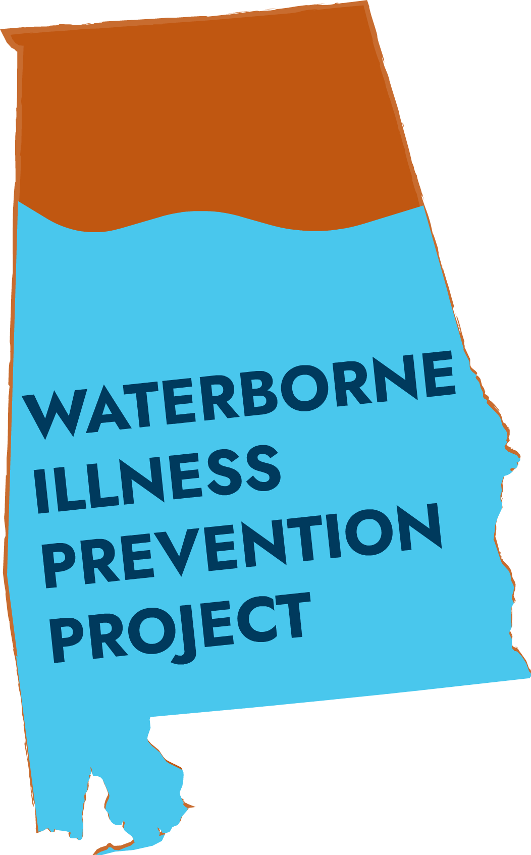 An illustration of the state of Alabama filled with water and the words Waterborne Illness Prevention Project.