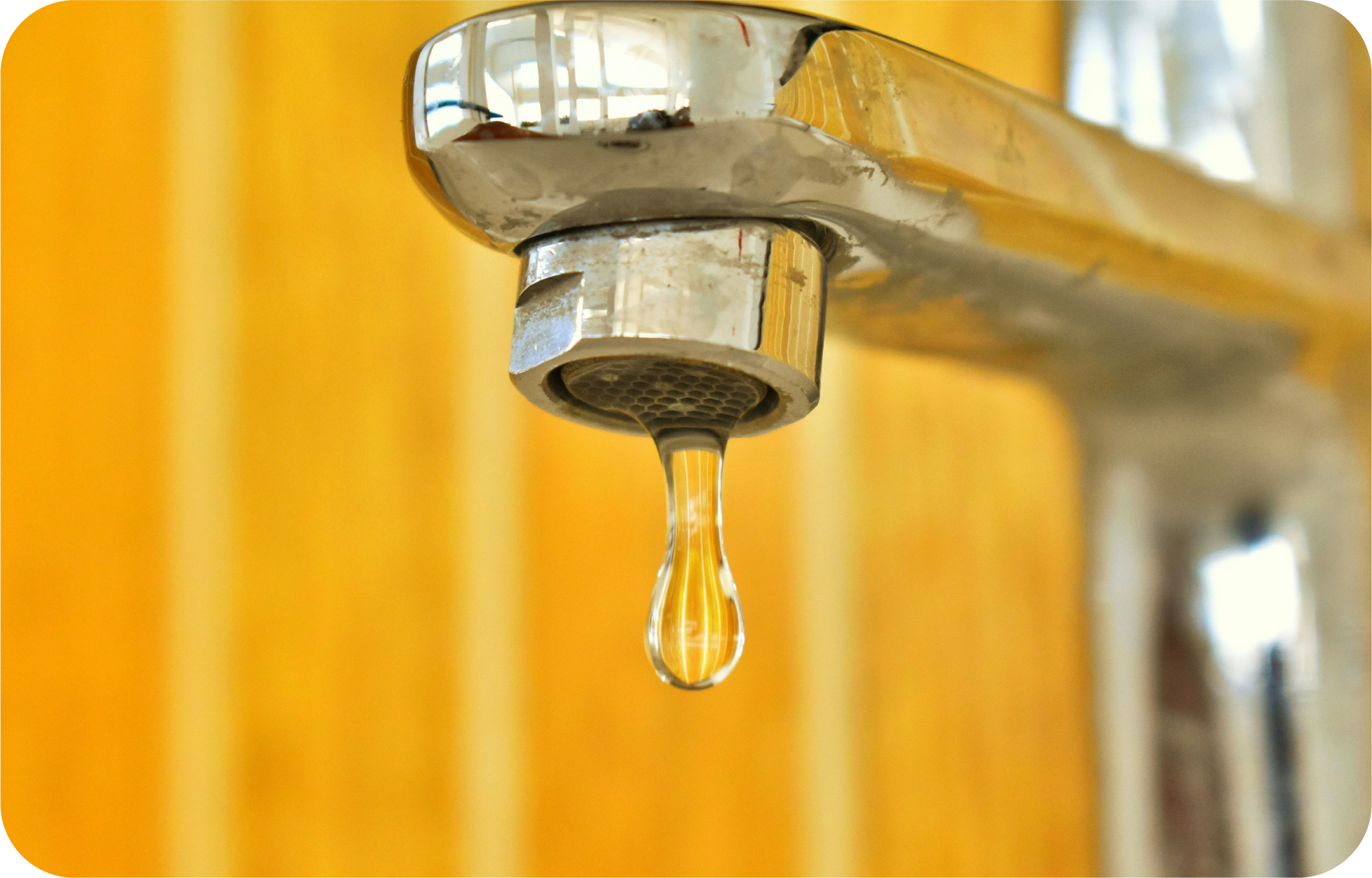 A close up image of a tap water droplet coming out of a sink faucet.